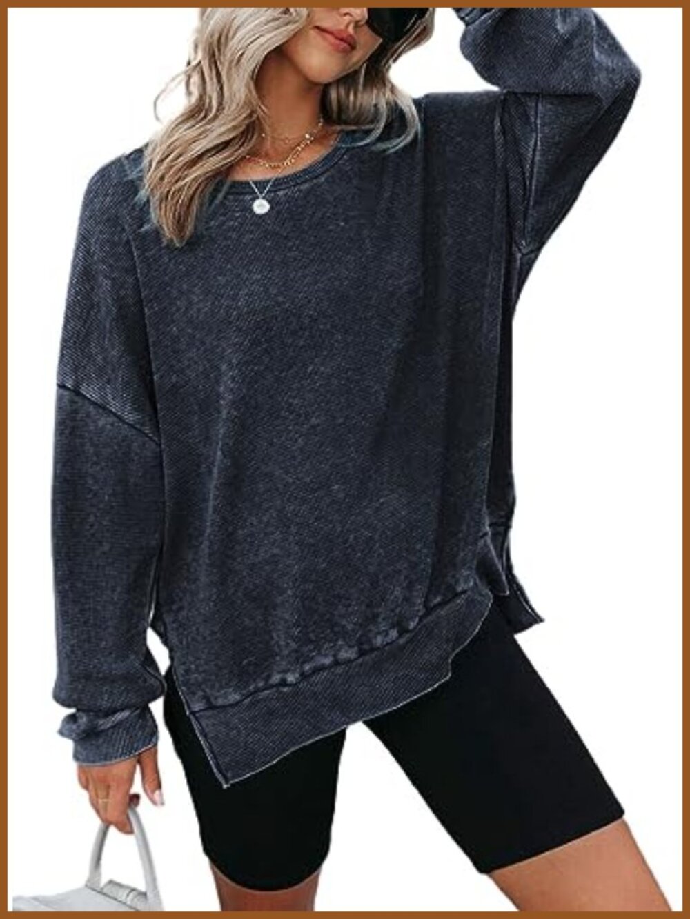 Oversized Waffle Knit Crewneck Sweatshirt Side Slits Casual Pullover